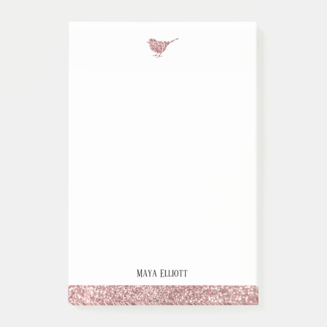 White & Rose Gold Faux Glitter Bird & Border, Name Post-it Notes (Front)