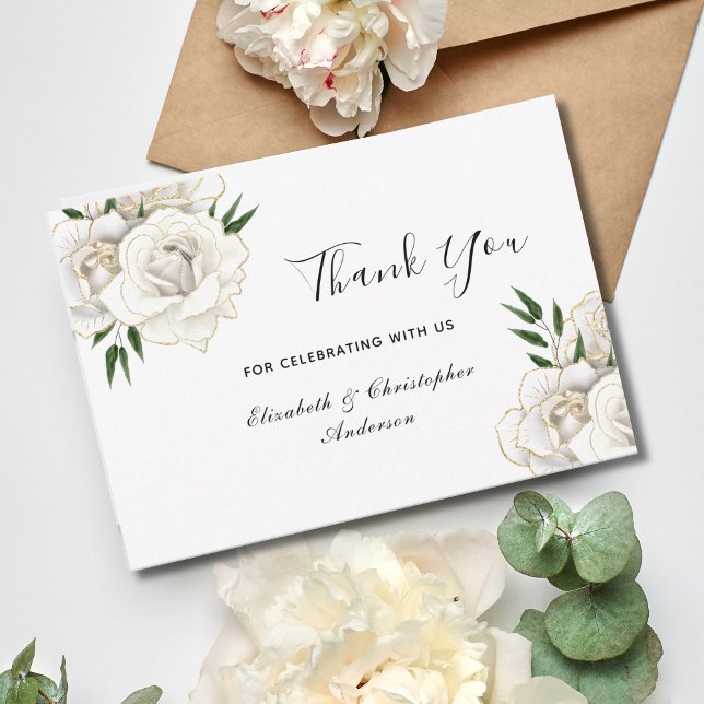White Rose Gold Floral Elegant Wedding Thank You Card (White Roses Gold Trim Elegant Classic Formal Traditional Wedding Thank you card)