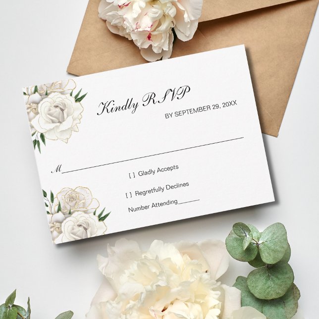 White Rose Gold Floral Formal Elegant Wedding RSVP (White Roses with gold trim Wedding RSVP Card. Formal Elegant 5x3.5 inches)