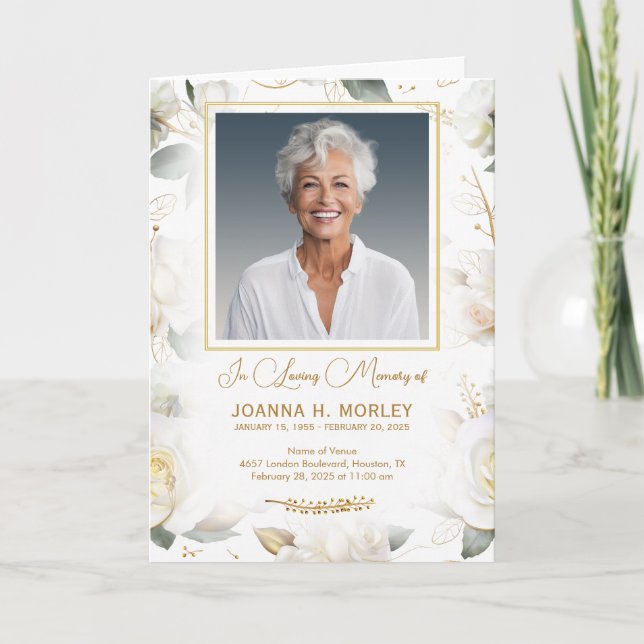 White Rose Gold Floral Funeral Program (Front)