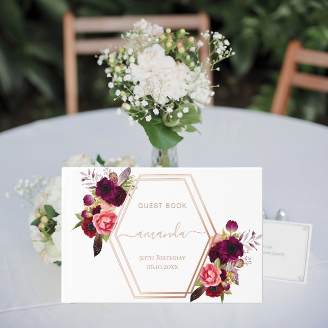 White rose gold geometric burgundy floral Birthday Guest Book (Creator Uploaded)