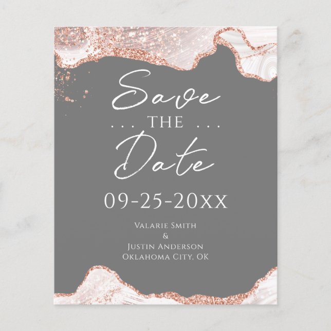 White Rose Gold Glitter Agate Save the Date (Front)