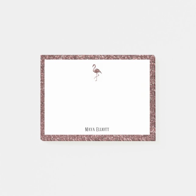 White & Rose Gold Glitter Flamingo, Border w/ Name Post-it Notes (Front)