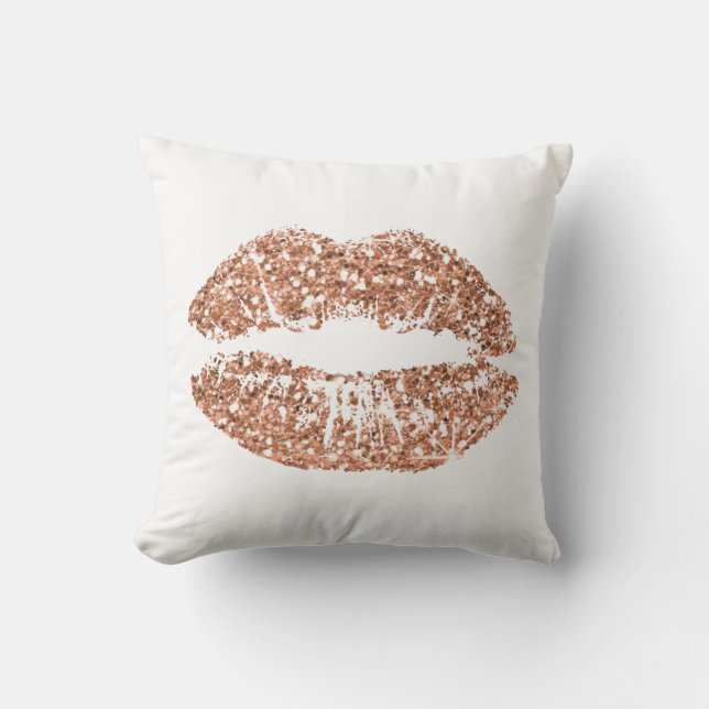 White Rose Gold Glitter Kiss Lips Makeup Copper Cushion (Front)