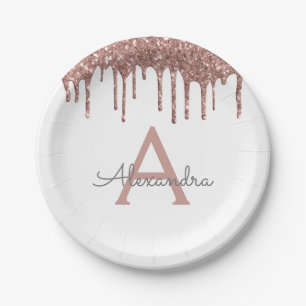 White Rose Gold Glitter Monogram Birthday Paper Plate