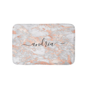 White & Rose Gold Marble 2, Glitter, Script Name Bath Mat