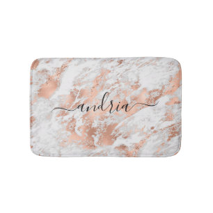 White & Rose Gold Marble 3, Glitter, Script Name Bath Mat