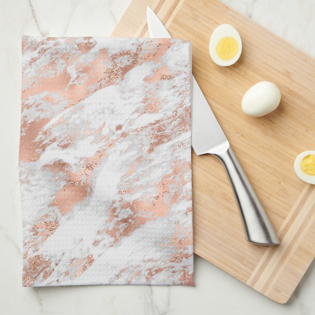 White & Rose Gold Marble 3 Tea Towel (Quarter Fold)