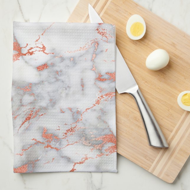 White & Rose Gold Marble 7 Tea Towel (Quarter Fold)