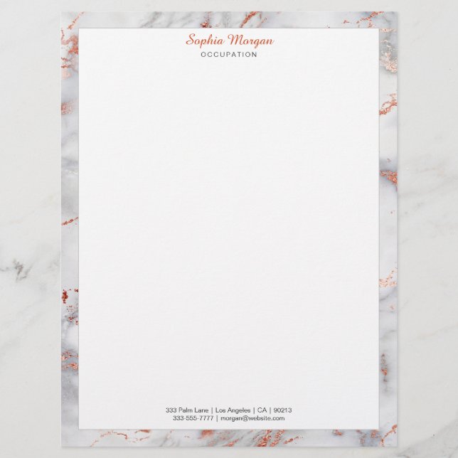 White & Rose Gold Marble Border, Name Info Letterh Custom Letterhead (Front)