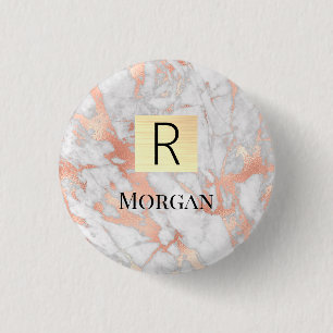 White & Rose Gold Marble Gold Box, Name & Monogram 3 Cm Round Badge