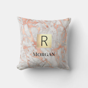 White & Rose Gold Marble Gold Box, Name & Monogram Cushion