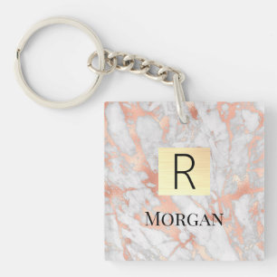 White & Rose Gold Marble Gold Box, Name & Monogram Key Ring
