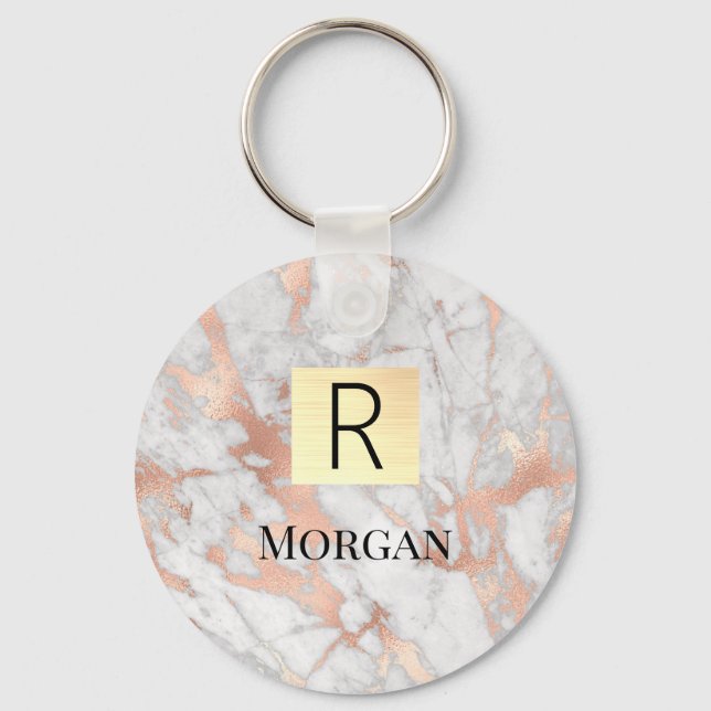 White & Rose Gold Marble Gold Box, Name & Monogram Key Ring (Front)