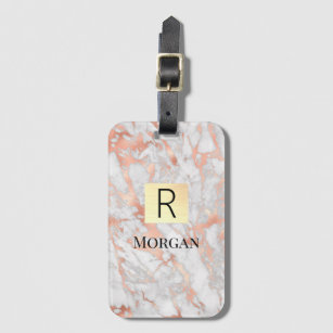White & Rose Gold Marble Gold Box, Name & Monogram Luggage Tag