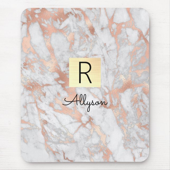 White & Rose Gold Marble Gold Box, Name & Monogram Mouse Pad (Front)