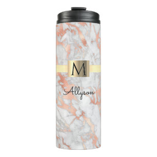 White & Rose Gold Marble, Gold Box Name & Monogram Thermal Tumbler