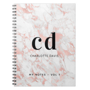 White rose gold marble monogram initial minimalist notebook