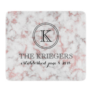 White Rose Gold Marble Monogram Wedding Cutting Board