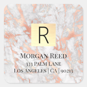 White/Rose Gold Marble Name/Monogram ReturnAddress Square Sticker