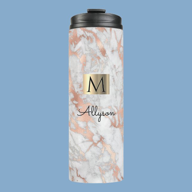 White & Rose Gold Marble, Name & Monogram, Vs 2 Thermal Tumbler (Creator Uploaded)