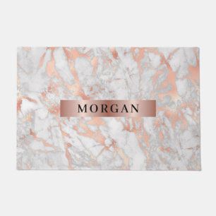 White & Rose Gold Marble, Name on Rose Gold Band Doormat