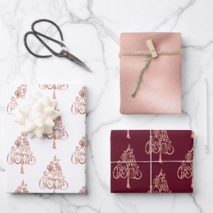 White Rose Gold Merry Christmas Tree Wrapping Paper Sheet