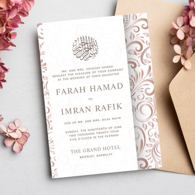 White Rose Gold Ornate Pattern Islamic Wedding Invitation (Creator Uploaded)
