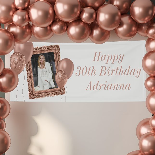 White & Rose Gold Photo & Balloons Birthday Banner (Rose Gold Birthday Banner with Photo)