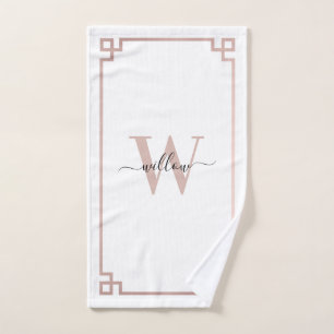 White & Rose Gold Pink Greek Key Monogrammed Bath Towel Set