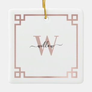 White & Rose Gold Pink Greek Key Monogrammed Ceramic Ornament