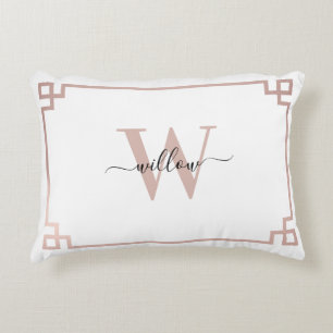 White & Rose Gold Pink Greek Key Monogrammed Decorative Cushion