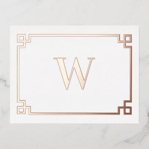 White & Rose Gold Pink Greek Key Monogrammed  Foil Holiday Postcard