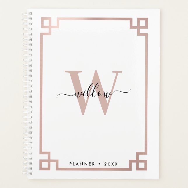 White & Rose Gold Pink Greek Key Monogrammed Planner (Front)