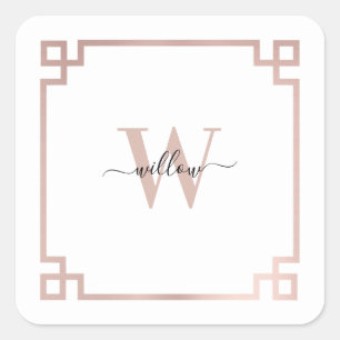 White & Rose Gold Pink Greek Key Monogrammed  Square Sticker