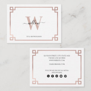 White & Rose Gold Pink Greek Key Social Media Business Card