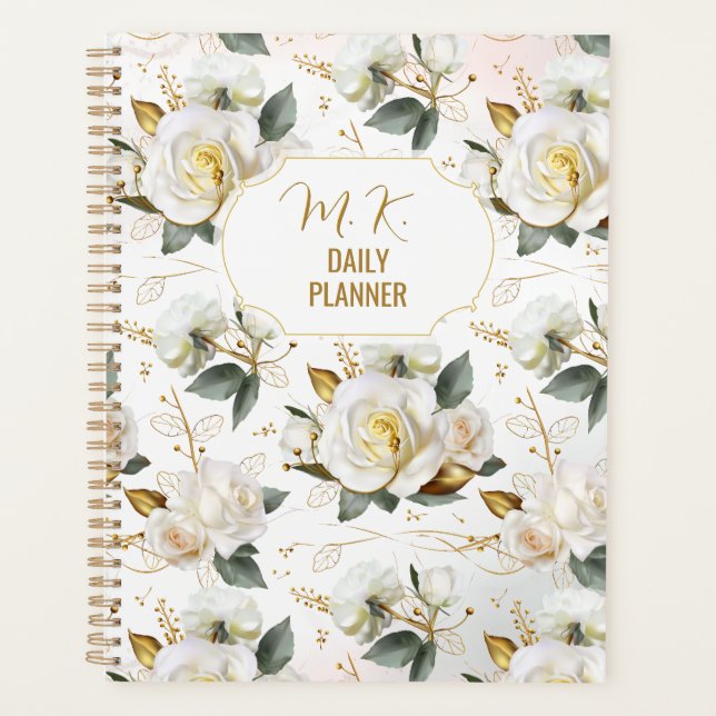 White Rose Gold Romantic Floral Planner (Front)