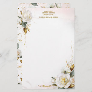 White Rose Gold Romantic Floral Stationery