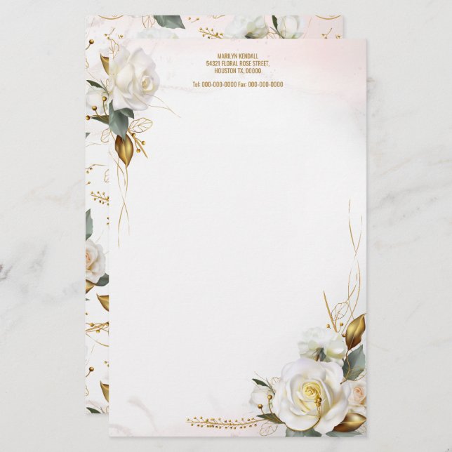 White Rose Gold Romantic Floral Stationery (Front/Back)