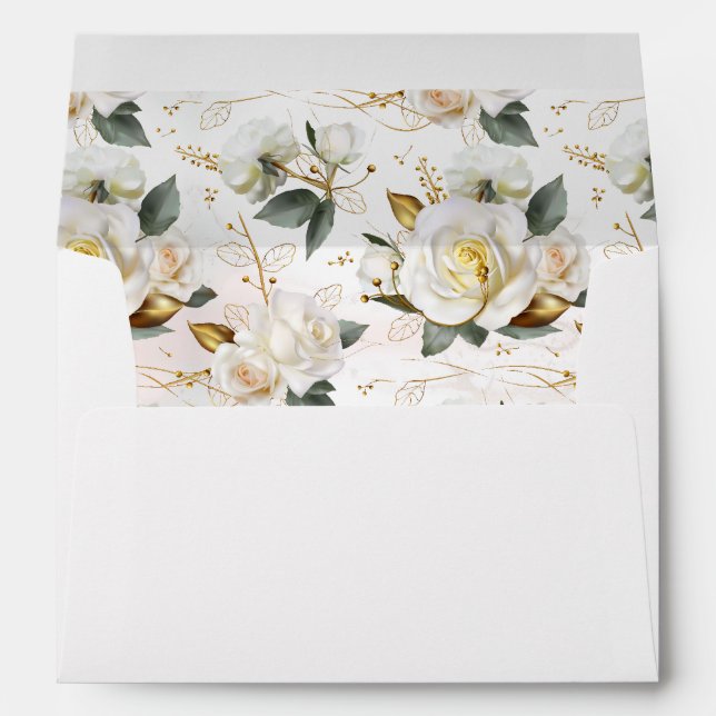 White Rose Gold Romantic Floral Wedding Envelope (Back (Bottom))