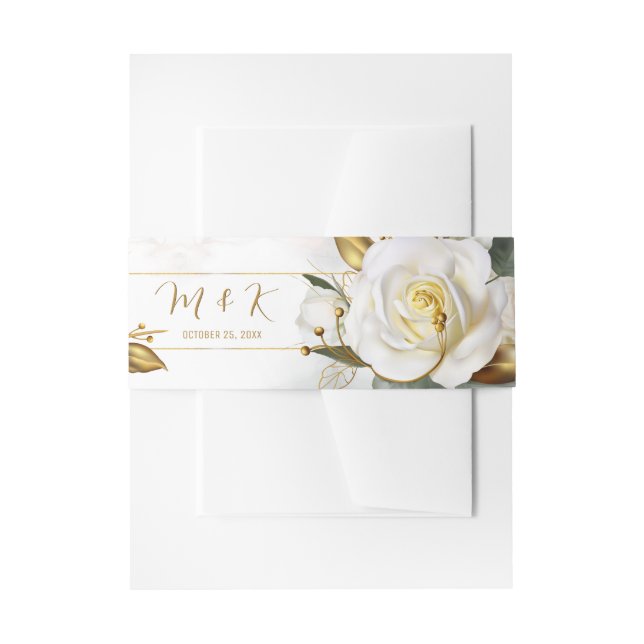 White Rose Gold Romantic Floral Wedding Invitation Belly Band (Front Example)