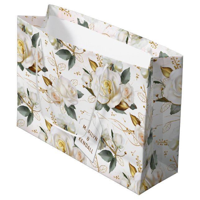 White Rose Gold Romantic Floral Wedding Large Gift Bag (Front Angled)