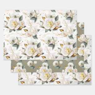 White Rose Gold Romantic Floral Wrapping Paper Sheet