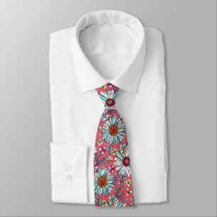 White Rose Gold Teal Orange Red Daisy Flowers Tie