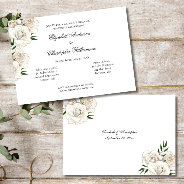 White Rose Gold Trim Elegant Wedding Rehearsal Invitation (White Roses Floral Flowers Gold Trim, Wedding Rehearsal Dinner Invitation)
