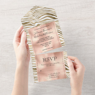 White Rose Gold Zebra Animal Print   All In One Invitation