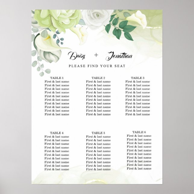 White Rose Green and White Floral Wedding  Poster (Front)