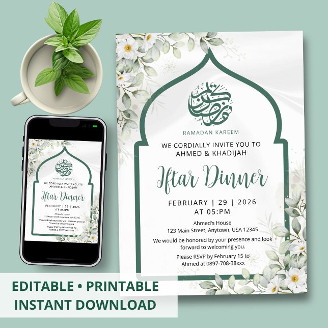 White Rose Green Arch Ramadan Iftar Invitation (Creator Uploaded)