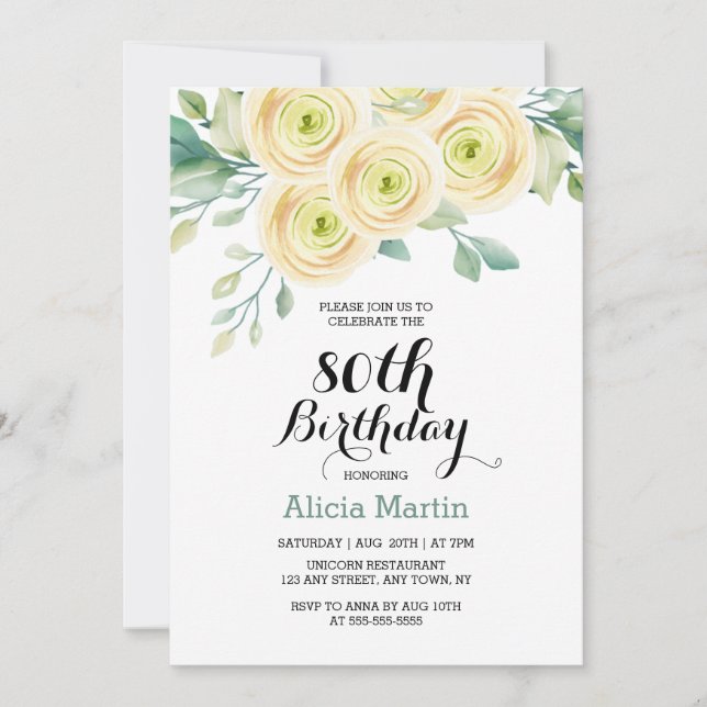 White Rose Greenery Flora Eucalyptus 80th Birthday Invitation (Front)