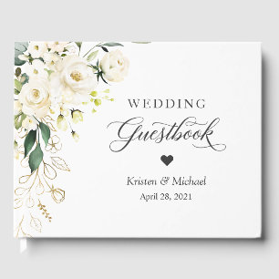 White Rose Greenery Gold Floral Wedding Guest Book